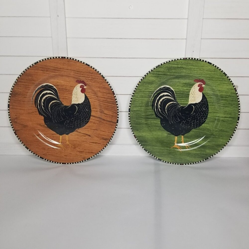 Warren Kimble 1999 Farmhouse Rooster Salad Plate 8.25" Brown Green Set of 2